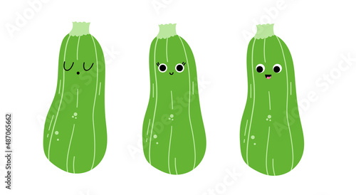 Cute cartoon funny organic zucchini character hand drawn sketch in vector set collection. Agriculture organic farming.