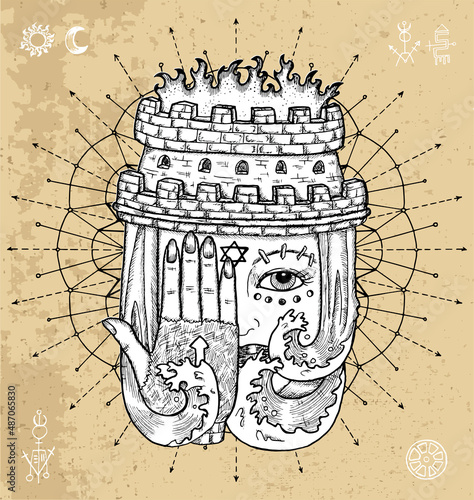Fantasy Witch face or portrait line art illustration with mystic, esoteric and occut symbols against texture background, Halloween concept, medieval style with tower as hat