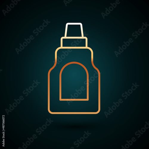 Gold line Plastic bottle for laundry detergent, bleach, dishwashing liquid or another cleaning agent icon isolated on dark blue background. Vector