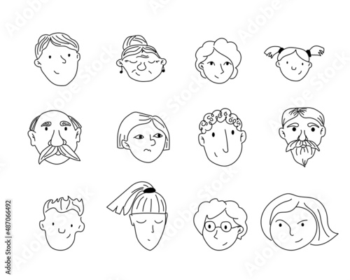 Vector collection of human faces avatars. Elderly and young age. Different emotions. Men and women, grandparents, boys and girls. A hand-drawn black and white sketch of doodles