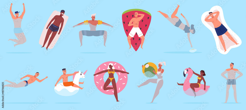 Pool swimming characters, people floating in sea with rubber swim toys. Relaxing summer beach vacation, pool activities vector illustration set. Swimming characters