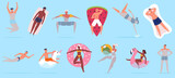 Pool swimming characters, people floating in sea with rubber swim toys. Relaxing summer beach vacation, pool activities vector illustration set. Swimming characters