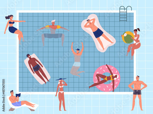 Summer pool party characters, swimming and relaxing people. Pool activities, people floating on rubber mattresses or bathe in water vector illustration. Summertime activity