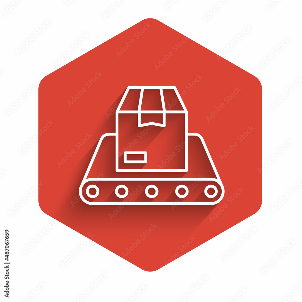 White line Conveyor belt with cardboard box icon isolated with long shadow background. Red hexagon button. Vector White line Conveyor belt with cardboard box icon isolated with long shadow background. Red hexagon button. Vector