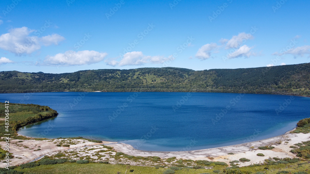 Panoramic image the Hot lake in caldera of Golovnin volcano on Kunashir Island, Kurils, Russia. Panoramic image the Hot lake in caldera of Golovnin volcano on Kunashir Island, Kurils, Russia.