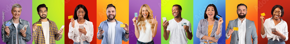 Row of excited multicultural people using cellphone and credit card Row of excited multicultural people using cellphone and credit card