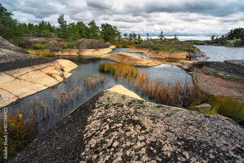 Skerries of Lake Ladoga , Russia, Karelia at autumn.