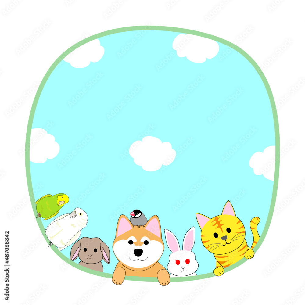 A round frame of various animals and birds with blue sky A round frame of various animals and birds with blue sky