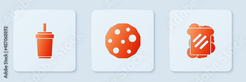 Set Cookie or biscuit, Paper glass with straw and Sandwich. White square button. Vector