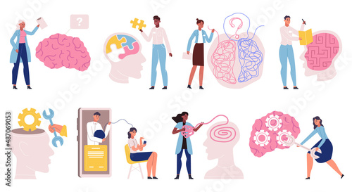 Psychology mental problem, stress, brain healthcare therapy. Medical therapy and mental health vector illustration set. Psychology doctor help with emotional disorder