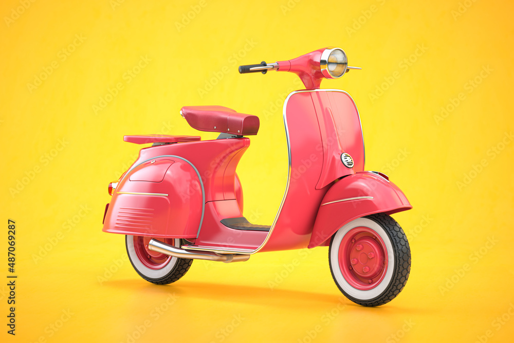 Pink vintage scooter, motor bike or moped on yellow background.