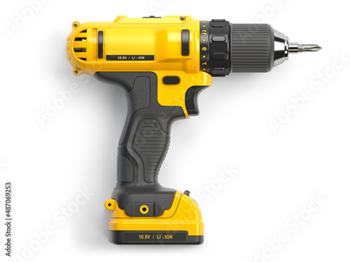 Yellow electric screwdriver drill  on white isolated background. photo