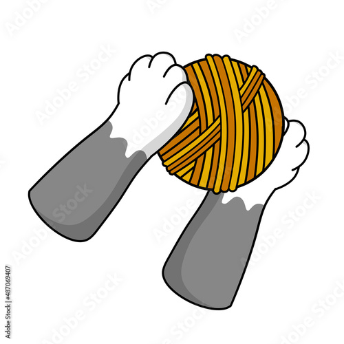 Cat paw hold skein of woolen threads. Hand caught ball. Cartoon illustration. Playful pet. Activity and fun of animal