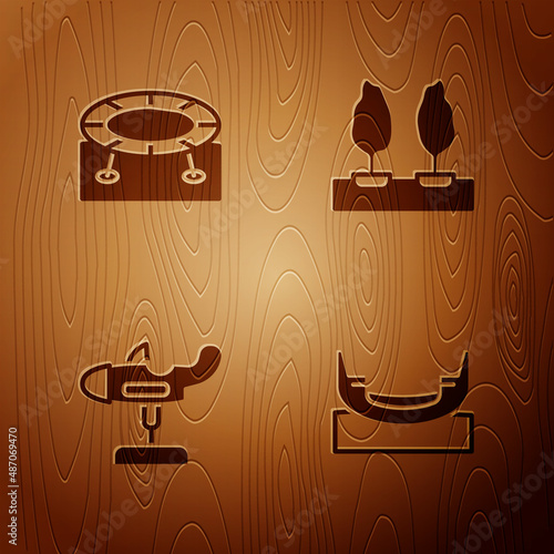 Set Boat swing, Jumping trampoline, Swing plane and Forest on wooden background. Vector