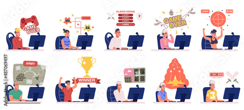 Cyber sport gamers, e-sport team, battle and coaching. Multiethnic gamers team playing video games vector illustration set. Electronic sports tournament