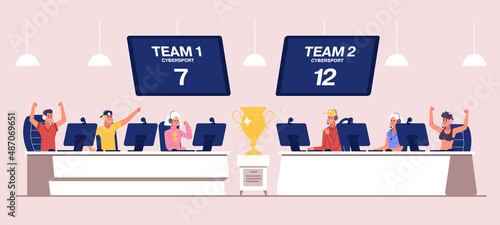 Cyber sport teams battle, e-sport championship. Cybersport player vs player battle vector illustration. E-sport competition battle for golden prize