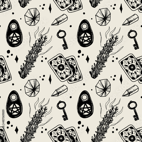 Vector magic seamless pattern. Hand drawn occult symbols. The pattern of sorceresses, mysterious knowledge. Herbs, tarot, crystals, key.