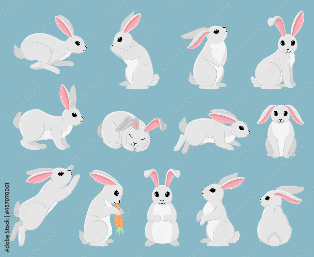 Fototapeta premium Cartoon white rabbit, cute spring bunny animals. Easter holiday sleeping, jumping and sitting white bunny vector illustration set. White spring hare
