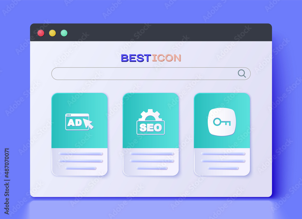 Set SEO optimization, Advertising and Key icon. Vector Set SEO optimization, Advertising and Key icon. Vector