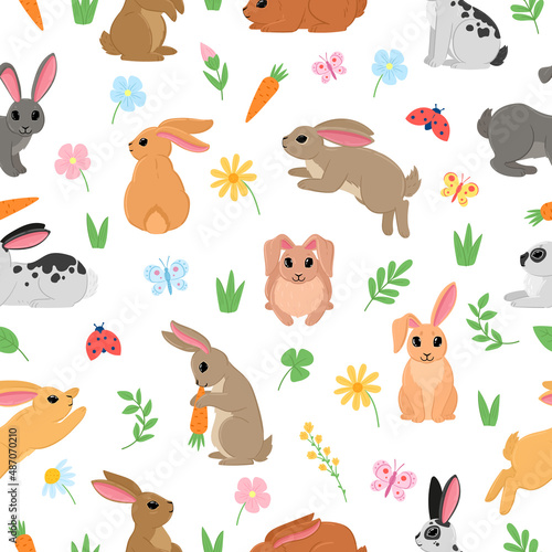 Fototapeta Naklejka Na Ścianę i Meble -  Cartoon spring easter rabbits and flowers seamless pattern. Traditional holiday hare, cute jumping and sitting rabbits vector background illustration. Bunny character pattern