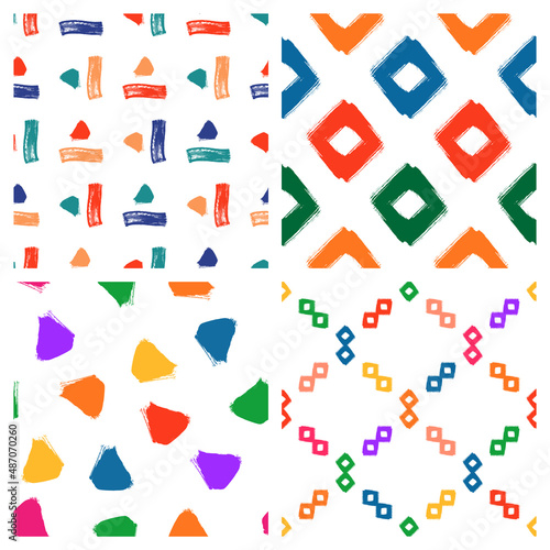 Colorful set of seamless patterns with hand drawn shapes, elements. Abstract vector designs in simple doodle style. Cute modern repeating wallpapers. 
