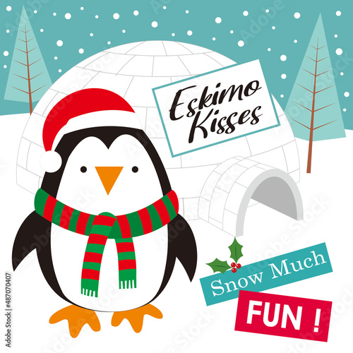 christmas card withcute penguin and igloo house photo