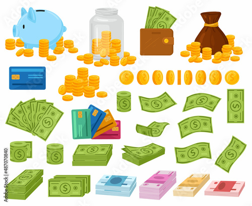 Cartoon money, dollar bills, coins and cash wad. Piggy bank and sack with coins full of money vector illustration set. Wallet with cash and credit cards