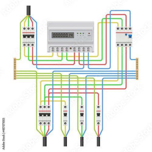 Three-phase network energy meter connection diagram. Vector illustration.