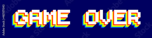 Game Over Retro Pixelated Typography Isolated on Blue Background. Web Banner with 'Game Over' Text in Rainbow Pixel Font