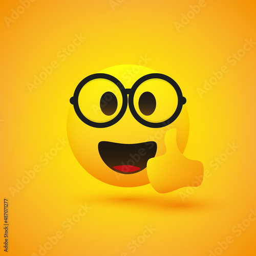 Positive, Satisfied, Happy Nerd Male Emoji with Rounded Glasses Showing Thumbs Up - Vector Emoticon Design for Web and Apps on Yellow Background