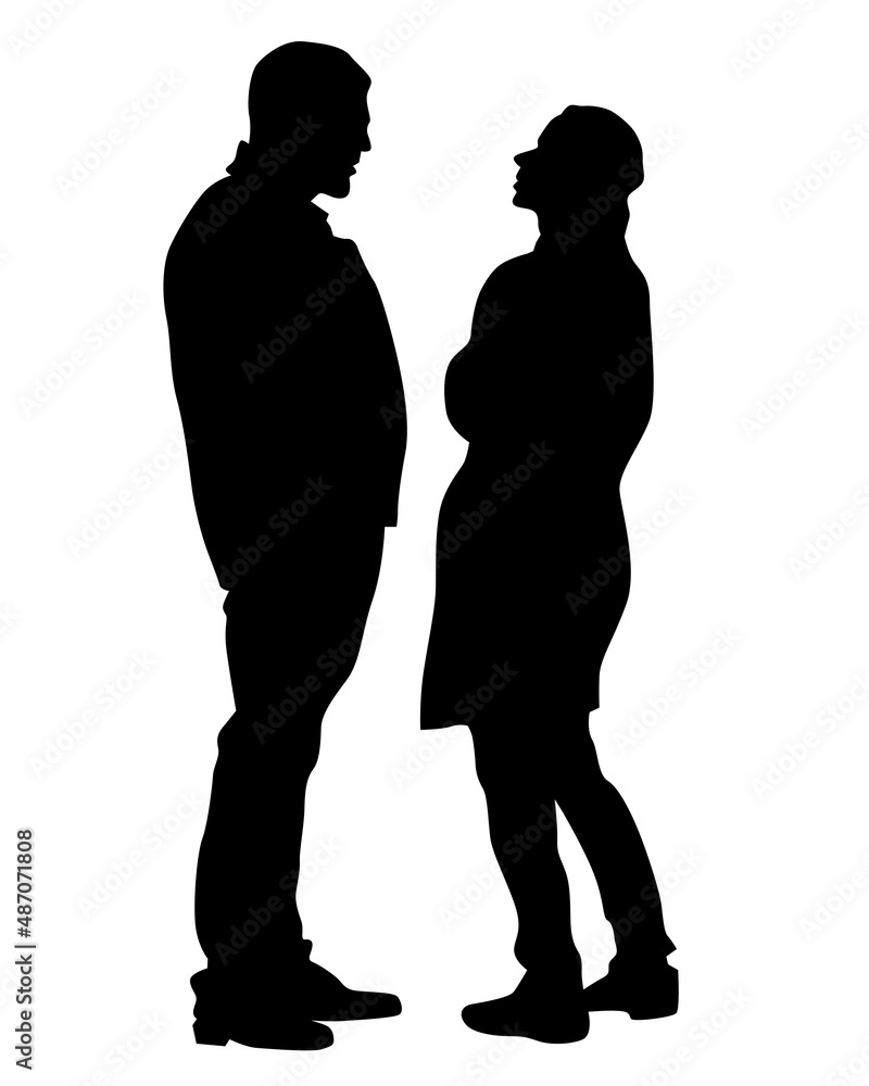 Young man and woman are standing next to each other. Isolated silhouette on a white background Young man and woman are standing next to each other. Isolated silhouette on a white background
