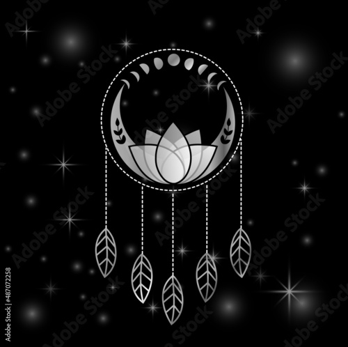 Mystic lotus dream catcher with moons and stars silver
