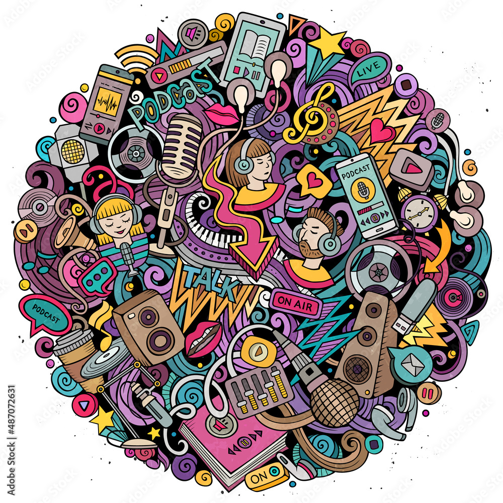 Audio content cartoon doodles illustration. Audio content cartoon doodles illustration.