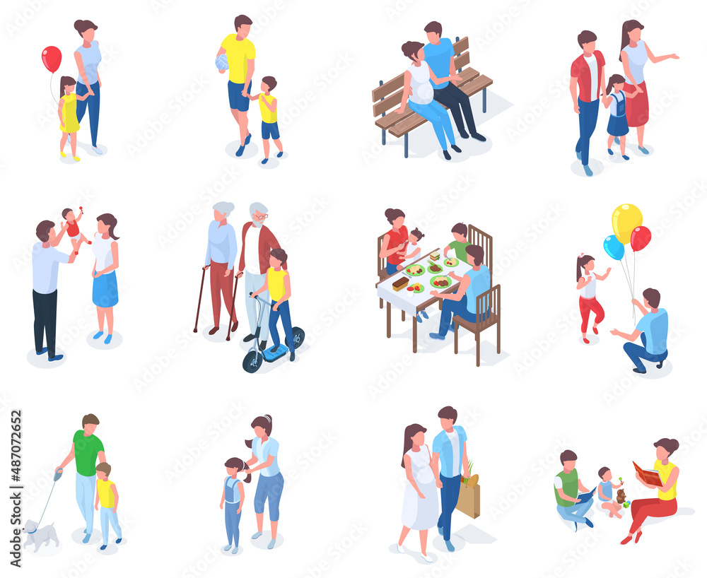 Isometric family, parents play and walk with children. Families walk in park, reading books or having dinner vector illustration set. Parents spending time with kids