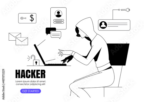 Woman hacker phishing with laptop computer stealing confidential data, personal information, user login, password, document, email and credit card. Cyber criminal phishing and fraud, online scam and s
