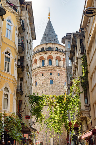 View of the Galata Tower from a narrow street, Istanbul