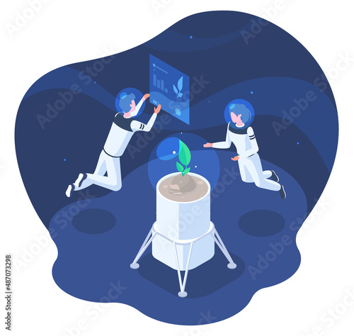 Isometric space colonisation, astronauts growing plants in space. Spaceman growing plant under zero gravity vector illustration. Genetic engineering and space colonization