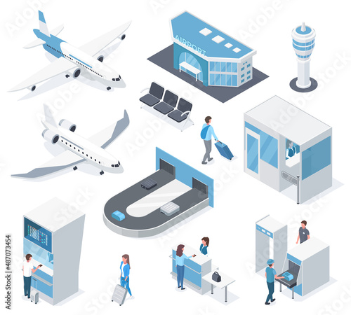 Isometric airport elements, plane, passengers, passport check and terminal. Airport building and baggage claim vector illustration set. Airport equipment