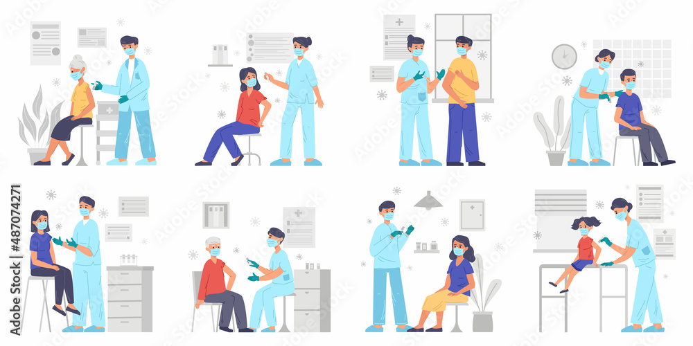 Vaccine, immunisation medical scenes, people get vaccinated. Senior, adults and kids at doctors examination vector illustration set. Doctor with syringe vaccinates people