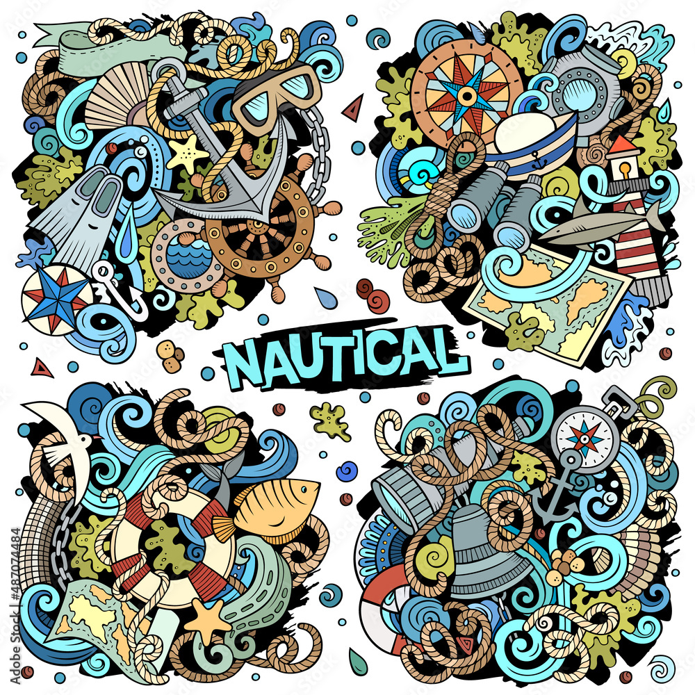 Nautical cartoon vector doodle designs set.