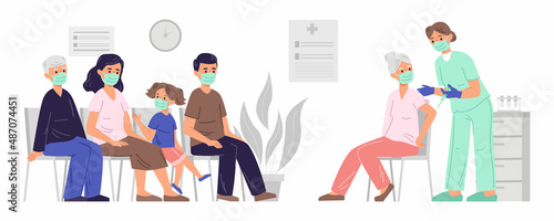 Coronavirus immunisation medical scene, doctor and patient vaccination scene. People waiting vaccination in line vector illustration. Vaccination against corona virus