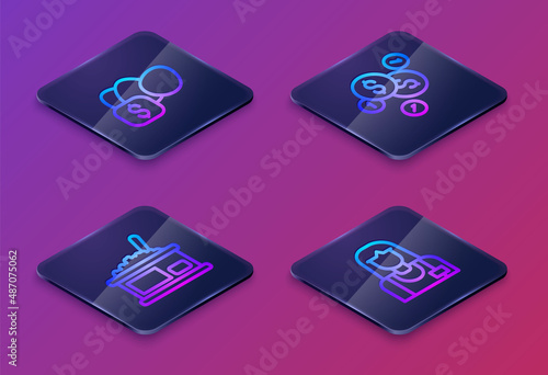 Set Isometric line Price tag for egg, Tin can with caviar, Coin money dollar and Seller. Blue square button. Vector
