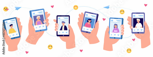 Oline romance date app on smartphone screen. Vector illustration set hands holding smartphone virtual relationship communication