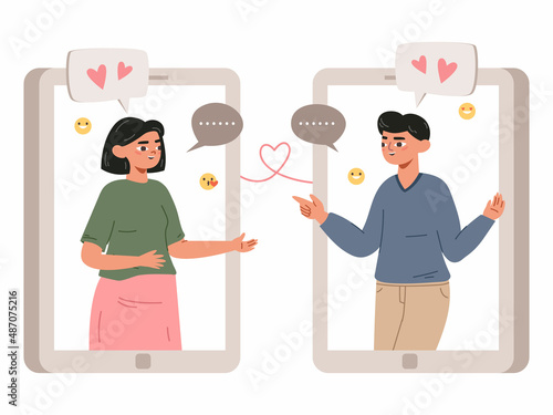 Date mobile app, perfect match, romantic couple chatting. Online dating app relationship communication vector illustration. Virtual dating app concept