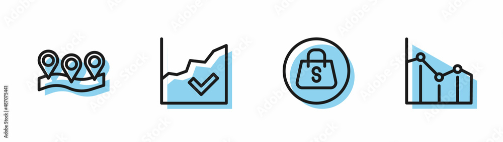 Set line Shopping bag with Sale, Location, Financial growth increase and Pie chart infographic icon. Vector Set line Shopping bag with Sale, Location, Financial growth increase and Pie chart infographic icon. Vector