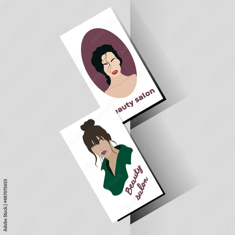 Business card template. Business cards for beauty salon, hairdresser, barbershop. Female portraits. Vector illustration Business card template. Business cards for beauty salon, hairdresser, barbershop. Female portraits. Vector illustration