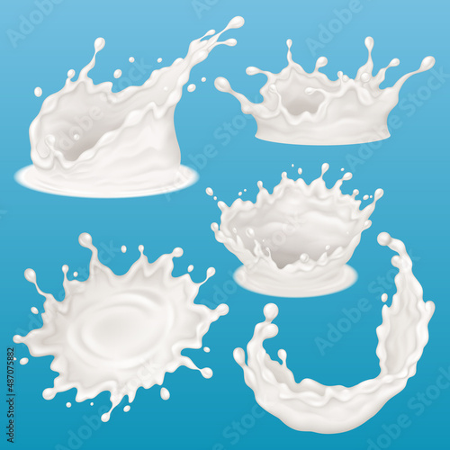 Realistic milk splash, liquid dairy splatter. Dairy natural products splashes vector illustration set. Splatter of yogurt, milk or cream