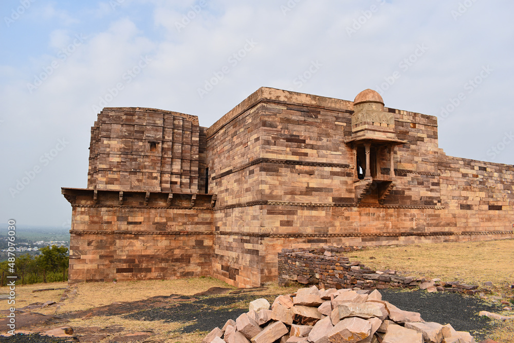 View from left of Pameya Temple at Raisen Fort, Fort was built-in 11th Century AD, This is a protected monument and an ancient heritage, Madhya Pradesh, India.