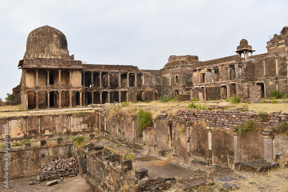 Facade of Rani Mahal and Talab at Raisen fort. This is a protected monument and an ancient heritage, Raisen Fort, Fort was built-in 11th Century AD, Madhya Pradesh, India.
