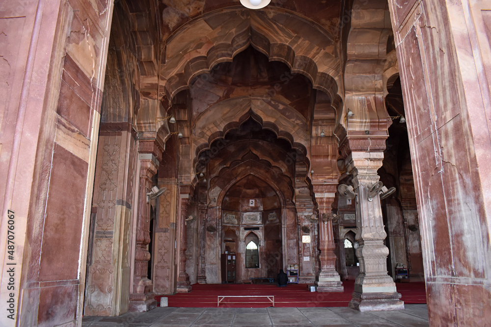 Beautiful Interior of Taj-ul-Masjid, Horizontal view, an Islamic architecture, mosque situated in Bhopal, India. It is the largest mosque in India and one of the largest mosques in Asia.